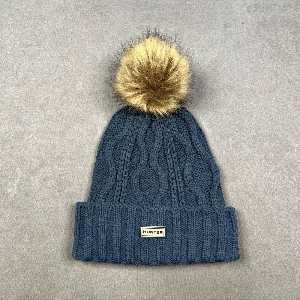 Hunter Navy Cable-Knit Beanie with Faux Fur Pom